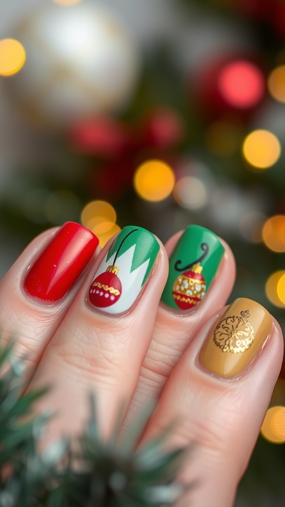 Christmas Nail Art with Short Ornaments Short nails with Christmas ornament nail art in red, green, and gold, set against a festive background.